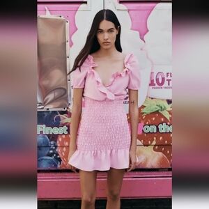 ZARA Smocked Bodice Puff Sleeve Ruffle Linen Blend Mini Dress. Size XS